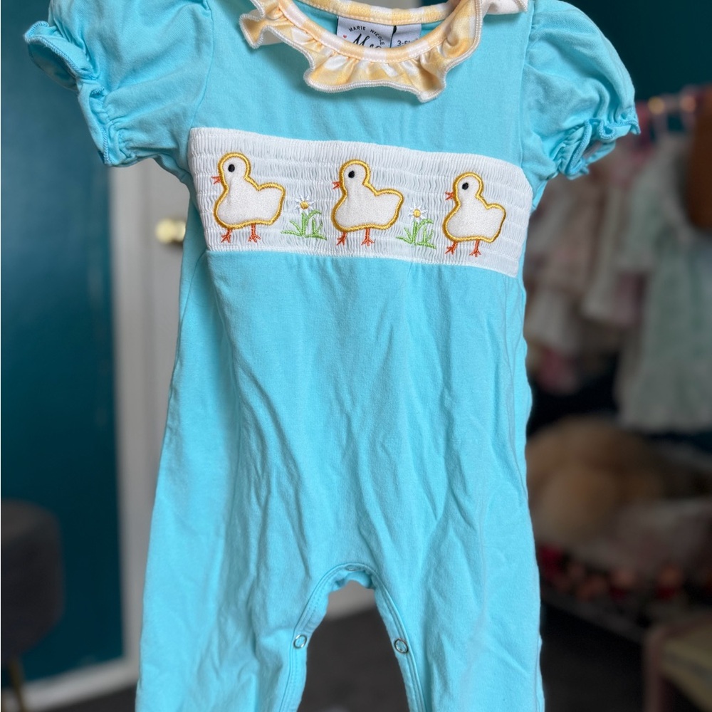 Smocked Baby Romper with Duck Embroidery